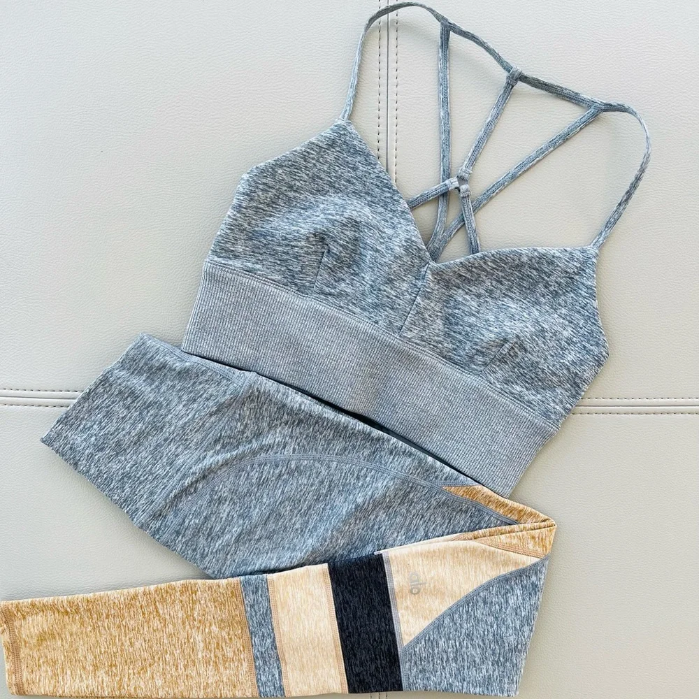 NWOT ALO Yoga Alosoft 2-Piece SET MED Bra Top + XXS Legging in Blue-Gray Heather - Picture 16 of 16